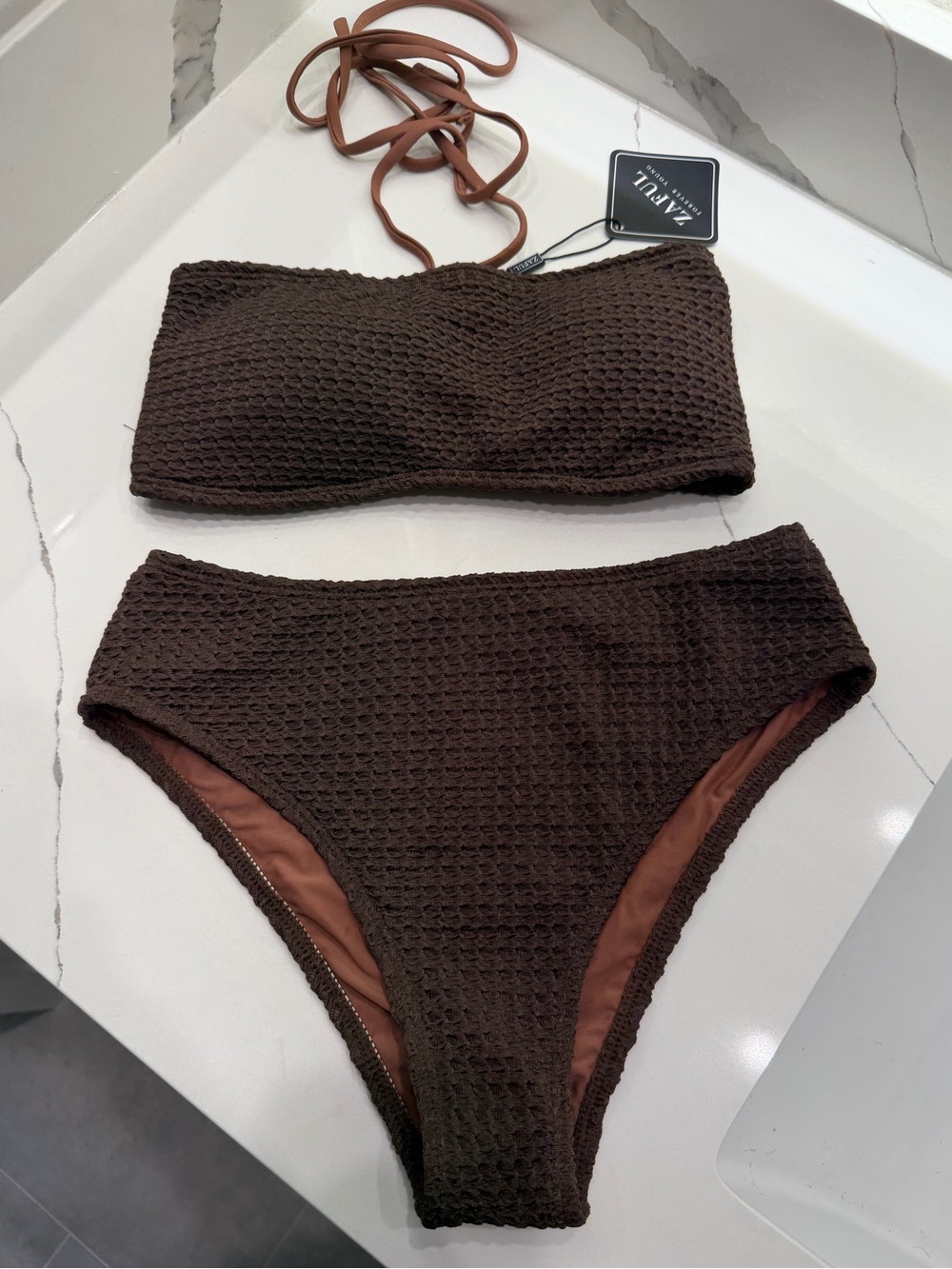 Zaful Brown Textured Bandeau Bikini Set